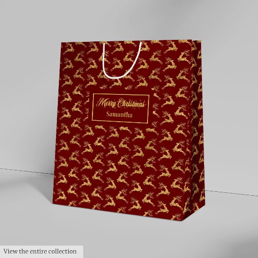 Sac Cadeau Moyen Custom Name Red and Gold Reindeer Gift Bag