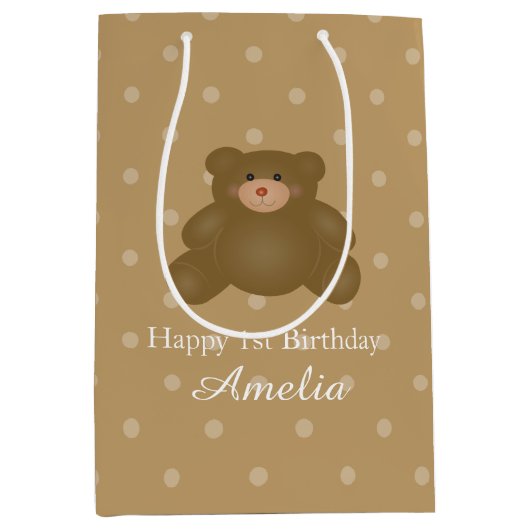 Sac Cadeau Moyen Cute Brown Teddy Ours Bébé Fille Anniversaire (Devant)