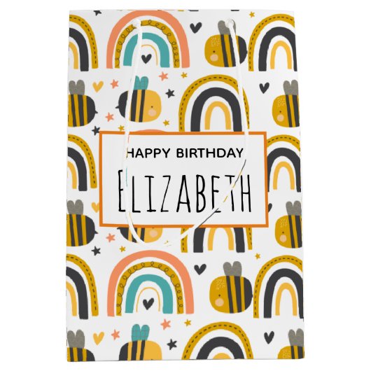 Sac Cadeau Moyen Cute Bumble Bee et Rainbows Motif Anniversaire (Devant)