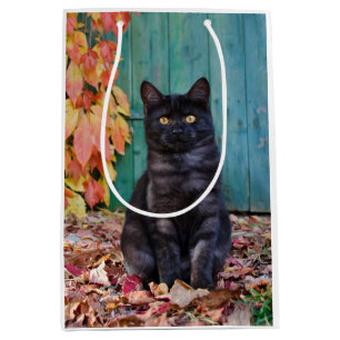 Sac Cadeau Moyen Cute chaton noir avec porte bleue Feuille rouge __