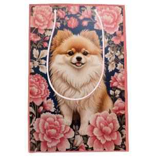 Sac Cadeau Moyen Cute Chien Poméranien Rose Floral
