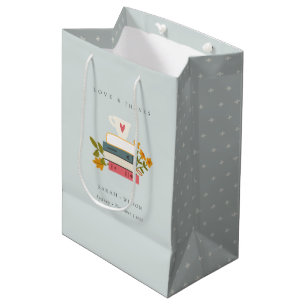 Sac Cadeau Moyen Cute Dusky Bleu empilé Histoires Livres Floral Mar