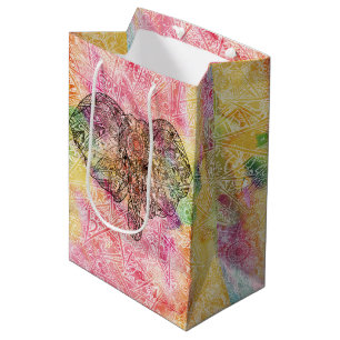 Sac Cadeau Moyen Cute Elephant Aquarelle main dessinée Fleur de he
