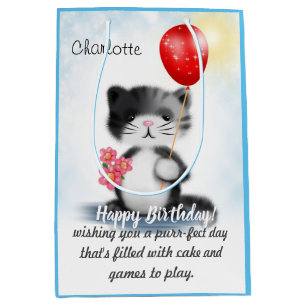 Sac Cadeau Moyen Cute Fluffy Kitten Art Joyeux Poème d'anniversaire
