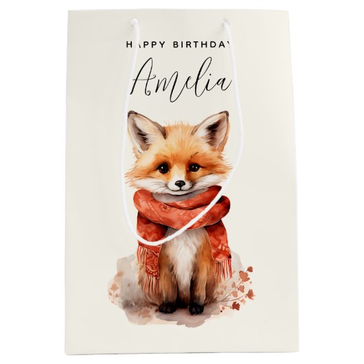 Sac Cadeau Moyen Cute Fox Pup in a Red Scarf Birthday (Devant)