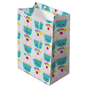 Sac Cadeau Moyen Cute gâteau bleu avec Motif de visage Kawaii