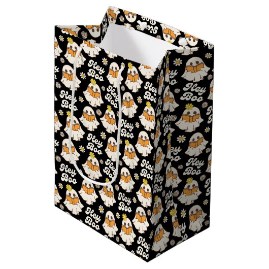 Sac Cadeau Moyen Cute Halloween Ghost Retro Éffrayant Boo Noir (Devant Angle)