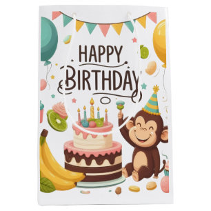 Sac Cadeau Moyen Cute Monkey Joyeux gâteau de fête d'anniversaire