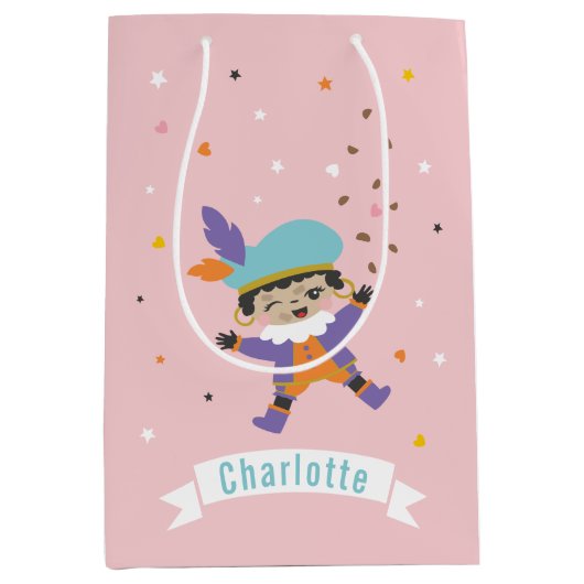 Sac Cadeau Moyen Cute Pietje avec nom et pepernoten (Devant)