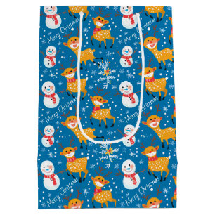 Sac Cadeau Moyen Cute Reindeer et Snowman Blue