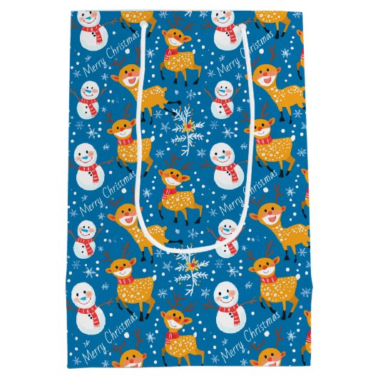 Sac Cadeau Moyen Cute Reindeer et Snowman Blue (Dos)