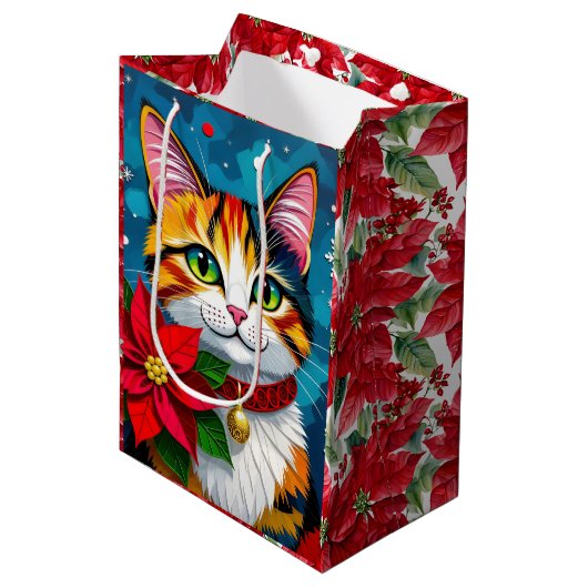 Sac Cadeau Moyen Cute Tabby Cat and Poinsettia Christmas (Devant Angle)