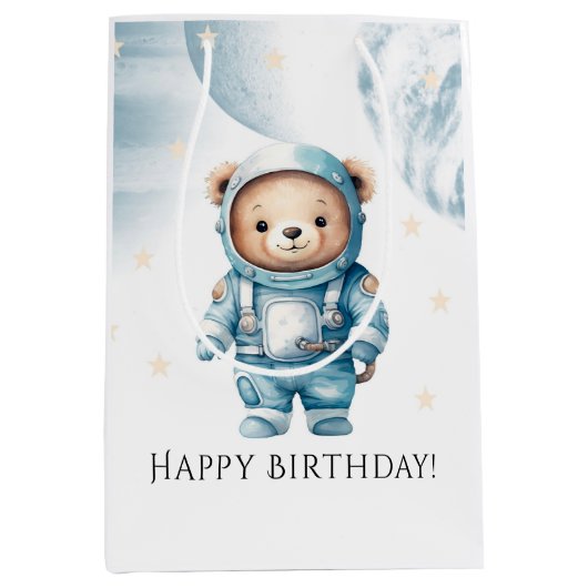 Sac Cadeau Moyen Cute Teddy Bear Astronaut fête d'anniversaire (Devant)
