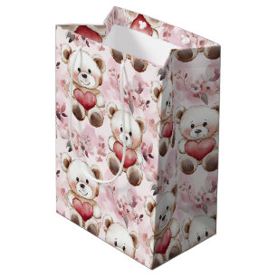 Sac Cadeau Moyen Cute Teddy Bear Valentine's Day Hearts Motif