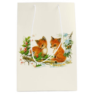 Sac Cadeau Moyen Cute Vintage Foxes Retro Christmas Scene