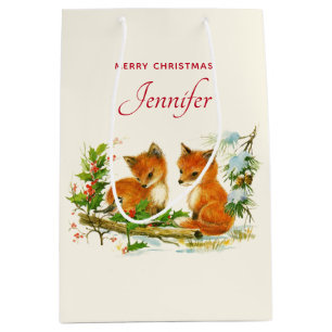 Sac Cadeau Moyen Cute Vintage Foxes Retro Christmas Scene
