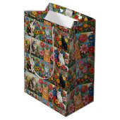 Sac Cadeau Moyen Cute Whimsical Cats and Folk Art Flowers (Dos Angle)