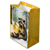 Sac Cadeau Moyen Cute Winter Raccoon with Gold Ornament Christmas (Dos Angle)