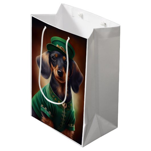 Sac Cadeau Moyen Dachshund Dog en tenue de la Saint Patrick (Devant Angle)