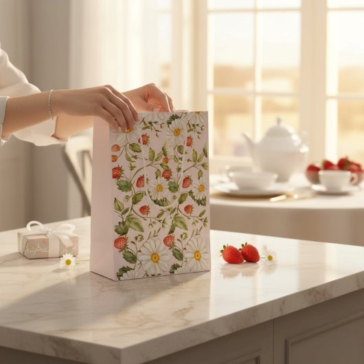 Sac Cadeau Moyen Daisy Strawberry Floral Pattern Light Pink Botanic