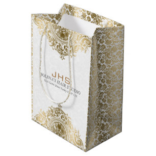 Sac Cadeau Moyen Damas blanc & or & ornement Vintage