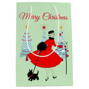 Sac Cadeau Moyen Dame de Noël vintage 1950 avec Terrier Écossais