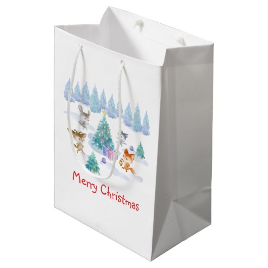 Sac Cadeau Moyen Danse Animaux de forêt Noël Aquarelle (Devant Angle)