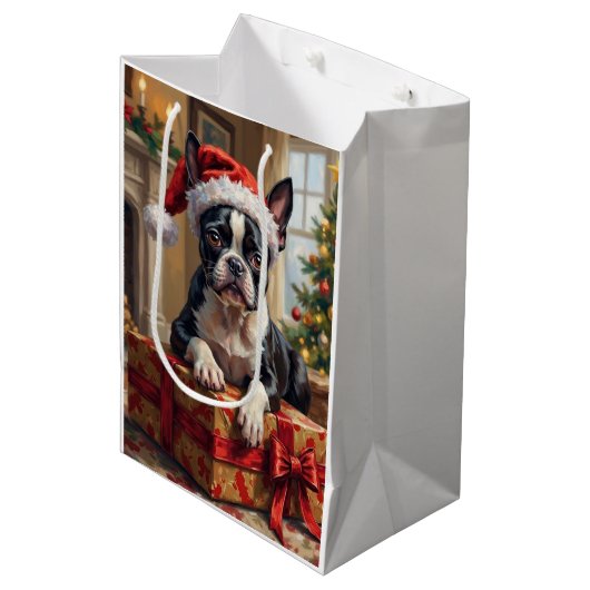Sac Cadeau Moyen Dapper Boston Terrier Dog Christmas Gift (Devant Angle)