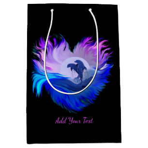Sac Cadeau Moyen Dauphins au clair de lune, Coeur, Ajouter votre te