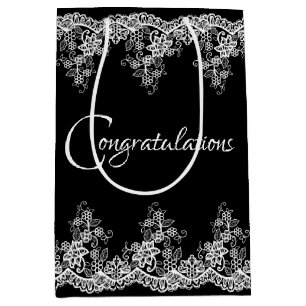 Sac Cadeau Moyen Dentelle blanche Mariage sur noir