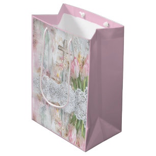 Sac Cadeau Moyen Dentelle de découpage vintage de la Tulipe rose