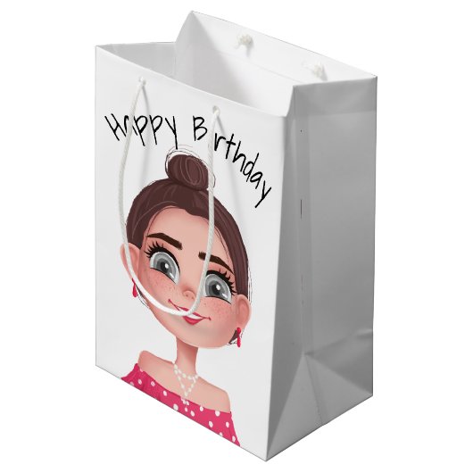 Sac Cadeau Moyen Dessin Anniversaire Sur Blanc (Devant Angle)
