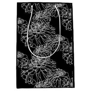 Sac Cadeau Moyen Dessin minimaliste à trait floral blanc noir