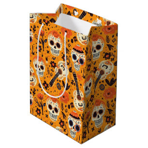 Sac Cadeau Moyen Dia de Muertos, guitares et crânes de sucre orange
