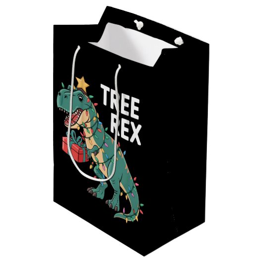 Sac Cadeau Moyen Dinosaur Arbre de Noël Rex Pyjamas de Noël Lumière (Devant Angle)