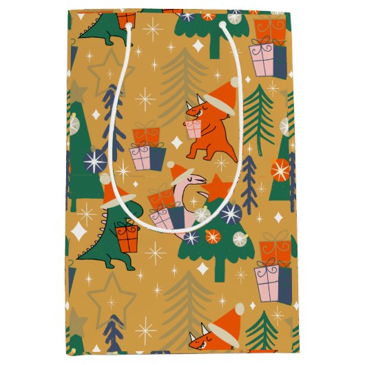 Sac Cadeau Moyen Dinosaur Noël fête Jaune (Devant)