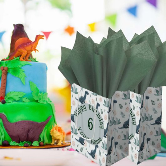 Sac Cadeau Moyen Dinosaure bleu personnalisé avec feuillage et oeuf