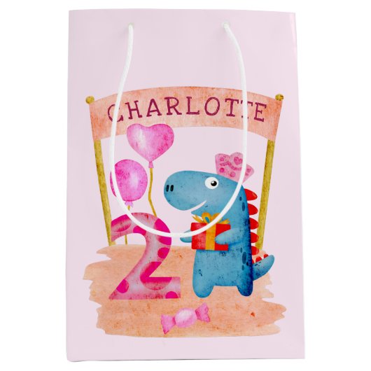 Sac Cadeau Moyen Dinosaure Cute Girly 2 ans Anniversaire (Devant)