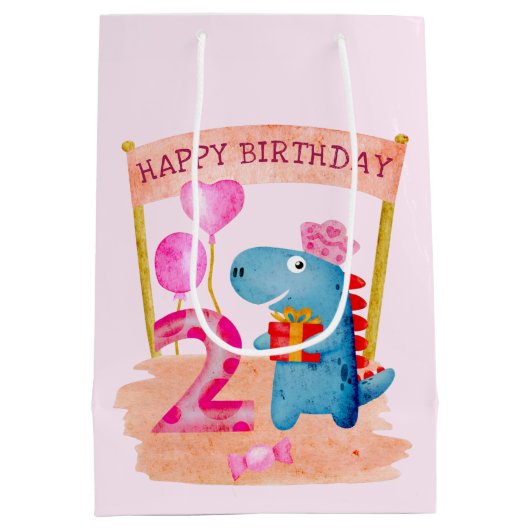 Sac Cadeau Moyen Dinosaure Cute Girly 2 ans Anniversaire (Dos)