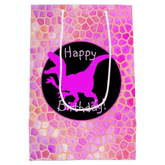 Sac Cadeau Moyen Dinosaure Rose Cachez Un Joyeux Anniversaire ! (Dos)
