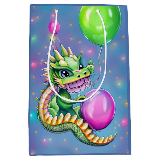 Sac Cadeau Moyen Dragon d'anniversaire mignon avec ballons (Devant)