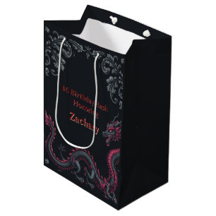 Sac Cadeau Moyen Dragon noir fantaisiste en damassé rouge pour une