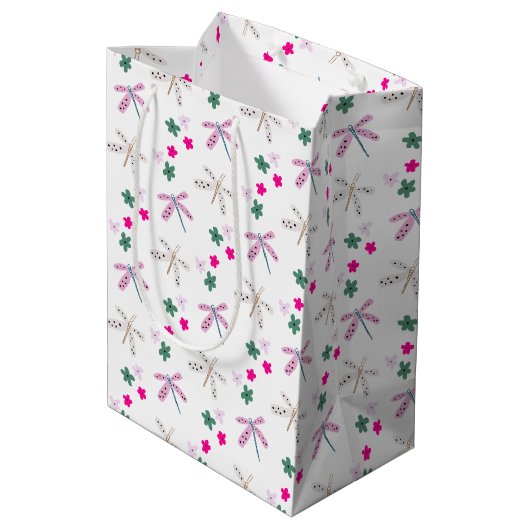 Sac Cadeau Moyen Dragonflies et Fleurs sur blanc (Dos Angle)