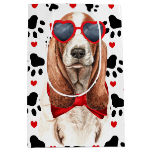 Sac Cadeau Moyen Drôle Basset Hound Dog Love Red Hearts and Paws