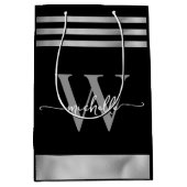 Sac Cadeau Moyen Écriture Élégante Monogramme Noir Rayé Argent (Devant)