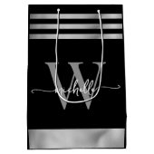 Sac Cadeau Moyen Écriture Élégante Monogramme Noir Rayé Argent (Dos)