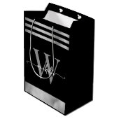 Sac Cadeau Moyen Écriture Élégante Monogramme Noir Rayé Argent (Dos Angle)