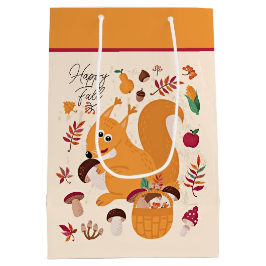 Sac Cadeau Moyen Écureuil d'automne mignon avec texte personnalisé (Dos)