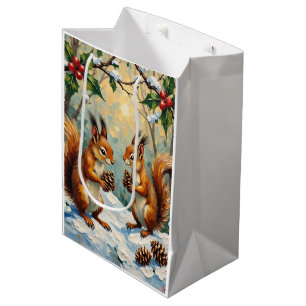 Sac Cadeau Moyen Écureuils vintage rassemblant des pommes de pin po