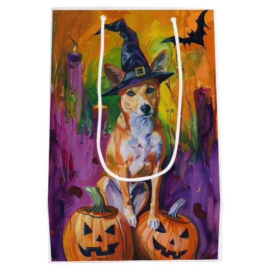 Sac Cadeau Moyen Éffrayant Basenji Halloween sorcière et Citrouille (Dos)
